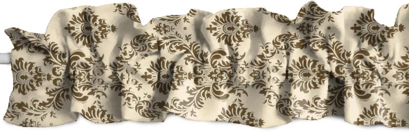 Damask Taffeta Sleeve Topper Window Valance Top Bottom Ruffle Gothic Victorian Home Décor Bedroom Nursery Kitchen Window (144" Wide x 9" Tall, Brown on Ivory)